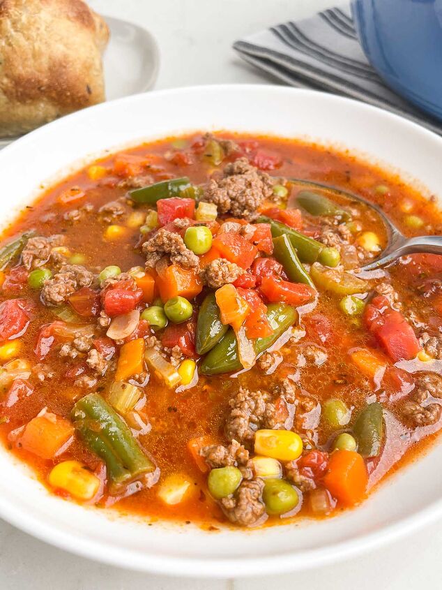 ground beef vegetable soup recipe, ground beef vegetable soup recipe in a white bowl