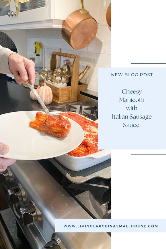 cheesy manicotti with italian sausage tomato sauce, pinterest graphic with picture of handy scooping manicotti onto a plate with an overlay that says cheesy manicotti with italian sausage sauce