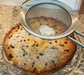 easy italian ricotta cake with chocolate chips, powdered sugar topping