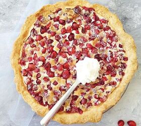 cranberry custard pie, functional image cranberry custard pie top down with a spoonful of whipped cream resting on top