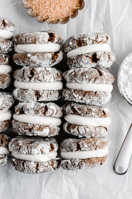 gingerbread crinkle cookie sandwiches with vanilla bean frosting