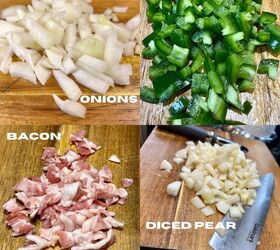 easy air fryer stuffed pork chops, Dice your onion jalapeno bacon and pear