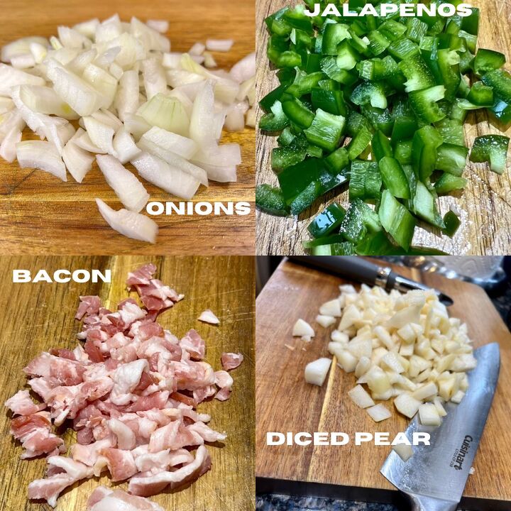 easy air fryer stuffed pork chops, Dice your onion jalapeno bacon and pear