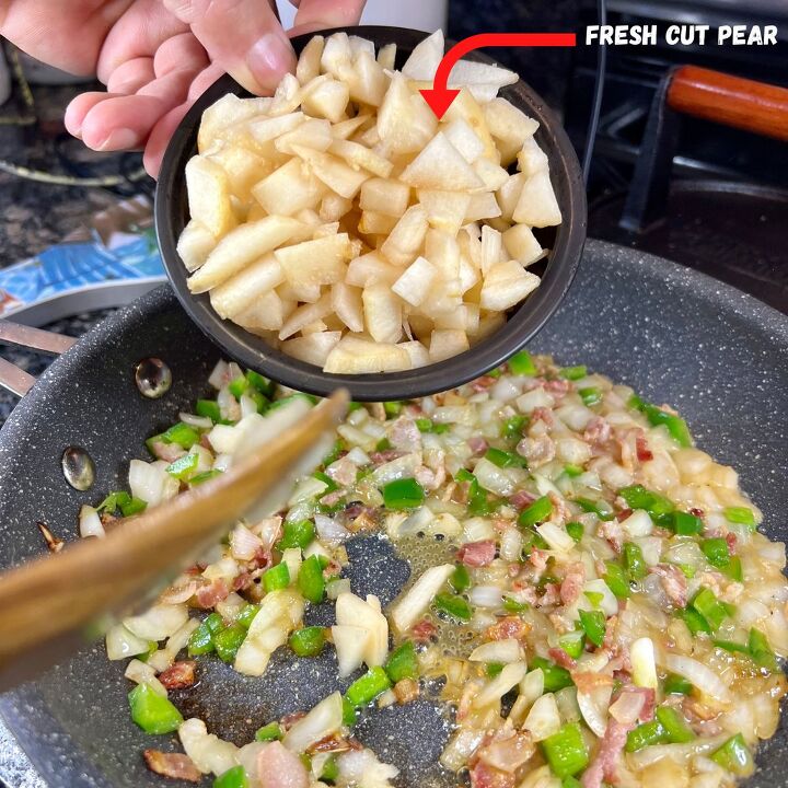 easy air fryer stuffed pork chops, Fresh pear into the pan