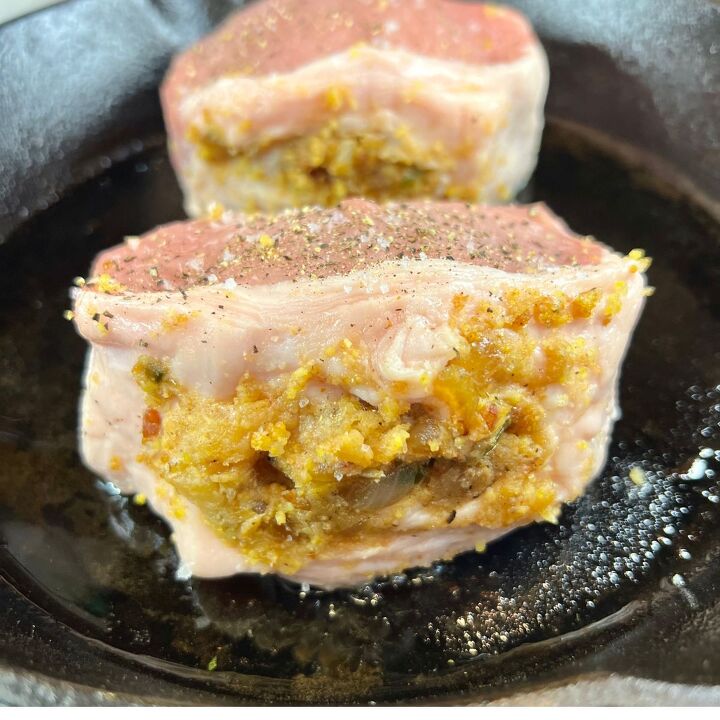 easy air fryer stuffed pork chops, Sear your stuffed chops for 3 minutes on each side