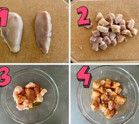 peruvian style oven chicken kabobs, step by step photos showing how to slice chicken and marinate it