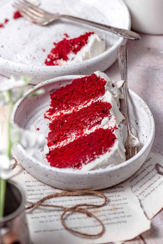 eggless red velvet cake with vanilla cream cheese frosting, slice of eggless red velvet cake with vegan cream cheese frosting