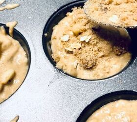 best gluten free apple streusel muffins, Adding the streusel topping the gluten free muffin