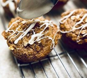 best gluten free apple streusel muffins, Adding a vanilla glaze to the gluten free apple streusel muffin