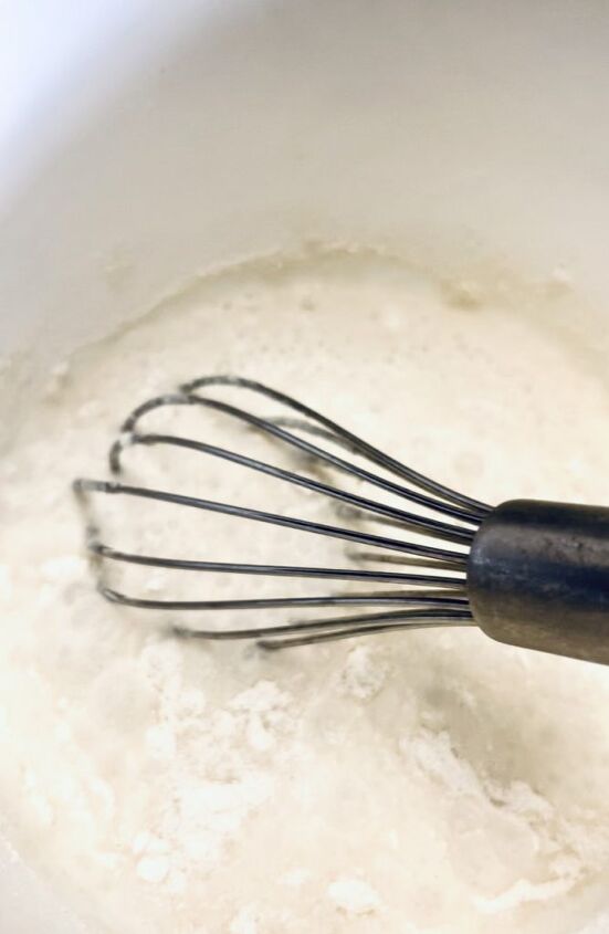 easy gluten free chicken pot pie, Whisking the milk and flour together