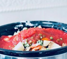 the best crock pot gluten free beef stew, Adding the stewed tomatoes to the roast beef in the crock pot