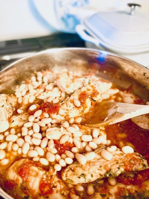 easy gluten free chicken tuscany, Cooking the chicken beans tomato and seasonings together