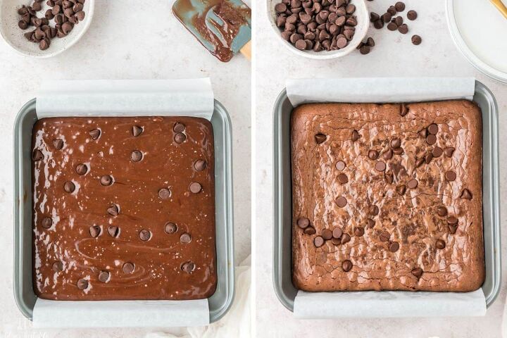 easy fudgy condensed milk brownies recipe, Brownie batter in a parchment lined baking dish before and then after it has been baked