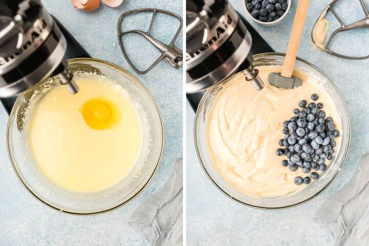 lemon berry mascarpone cake with lemon buttercream frosting, Adding the egg to the batter and the blueberries to the lemon cake