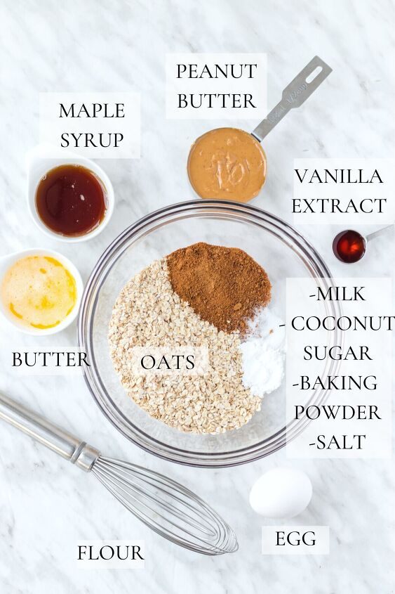 healthy baked oatmeal with peanut butter, Ingredients on table to make baked oatmeal