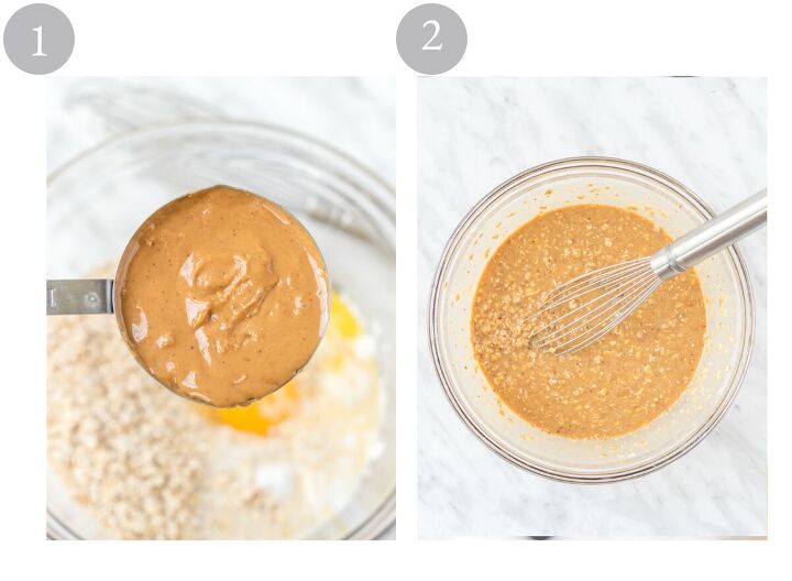 healthy baked oatmeal with peanut butter, peaanut butter being whisked in a bowl with baked oatmeal ingredients