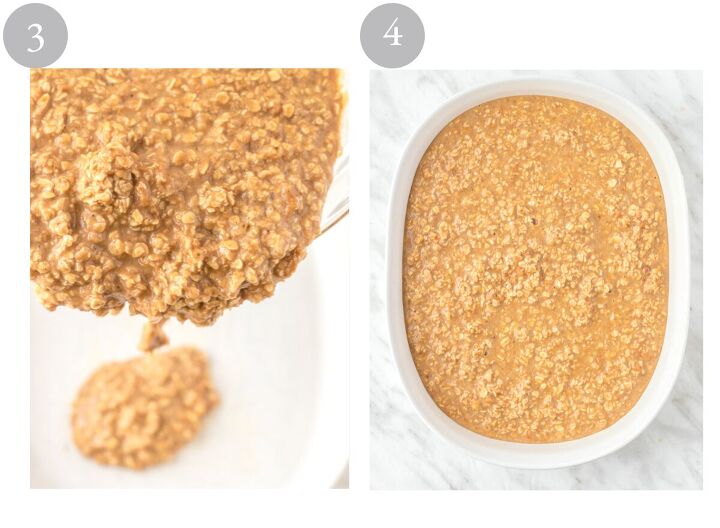 healthy baked oatmeal with peanut butter, Oatmeal being poured into a baking dish