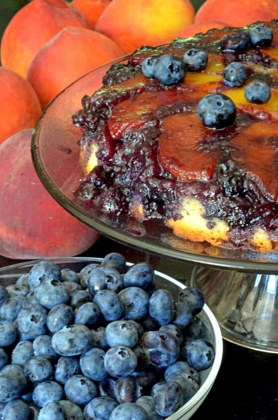 peach upside down cake, A close up of a cake and a bowl of blueberries