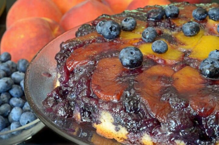 peach upside down cake, peach cake with blueberries
