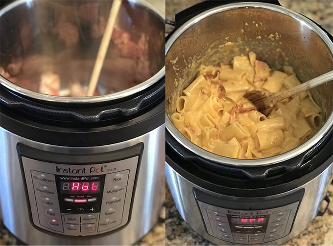 pressure cooker mac n cheese, Ariel views bacon coking and one one with creamy pasta in instant pots
