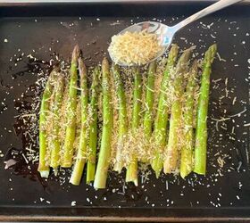 roasted asparagus with parmesan lemon, pouring parmesan panko mix over the asparagus in pan