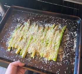 roasted asparagus with parmesan lemon, putting pan of parmesan crusted asparagus into oven