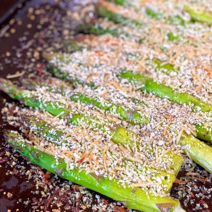 roasted asparagus with parmesan lemon, roasted asparagus in pan with panko parmesan crust