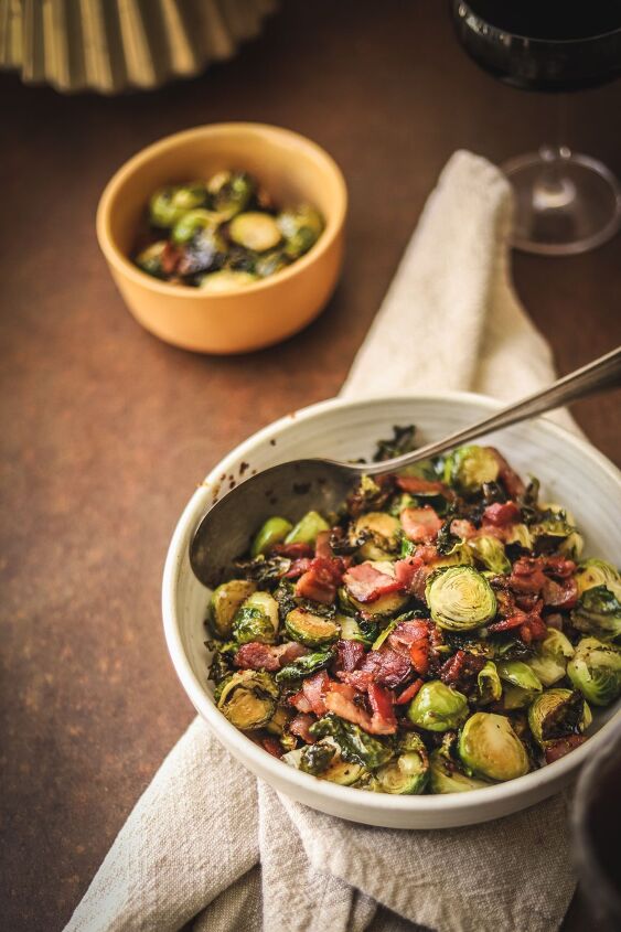 brussels sprouts with bacon, Roasted Brussel s sprouts in a bowl on a table