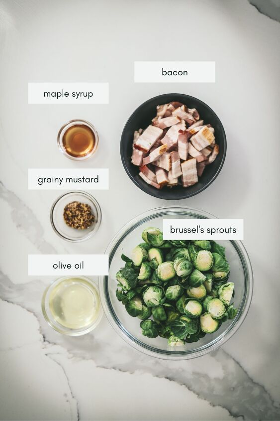 brussels sprouts with bacon, The ingredients for brussels sprouts with bacon labeled
