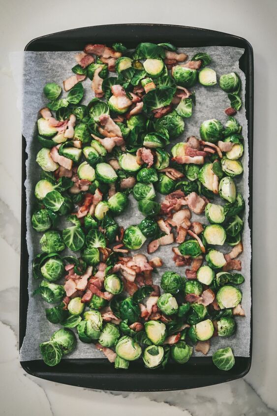 brussels sprouts with bacon, Brussel s sprouts and bacon on a baking sheet