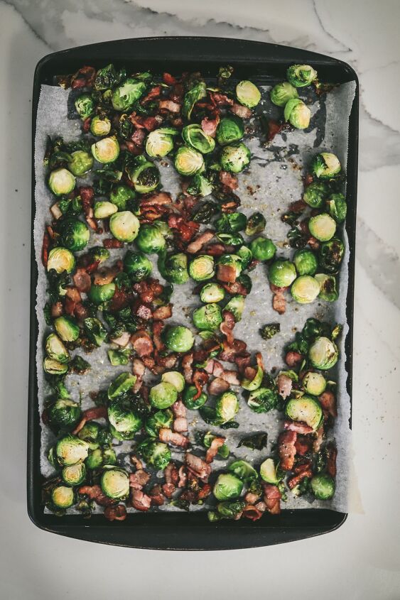 brussels sprouts with bacon, Brussel s sprouts and bacon on a baking sheet after they ve roasted