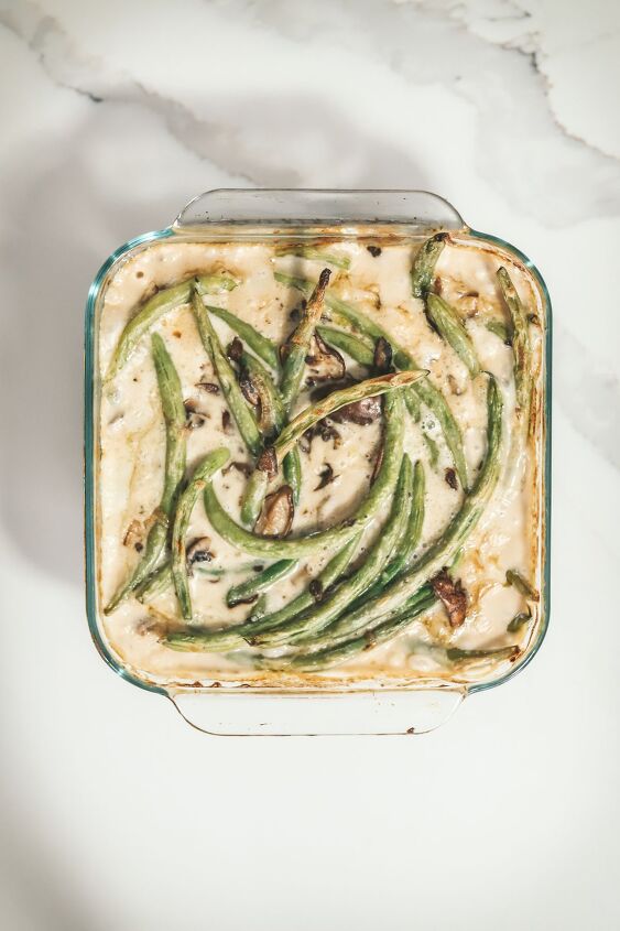 how to make green bean casserole with fresh green beans, Green bean casserole baked but before adding the crispy fried onions