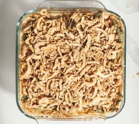 how to make green bean casserole with fresh green beans, GReen bean casserole fried onions added to the top about to go back in the oven