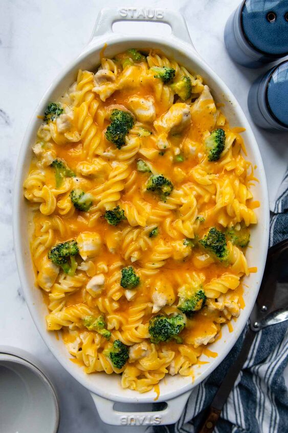 chicken and broccoli pasta bake, overhead shot of chicken broccoli pasta casserole with melted cheese on top