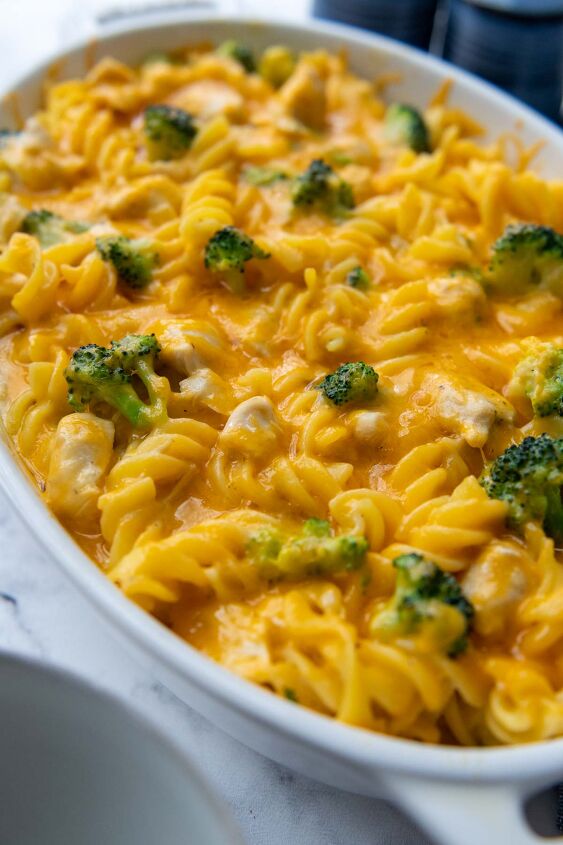 chicken and broccoli pasta bake, close up of the inside of the pasta casserole with a scoop taken out