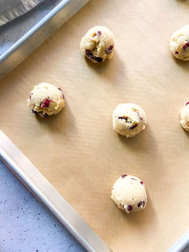 white chocolate cranberry cookies, Scoop the cookie dough onto a parchment lined tray