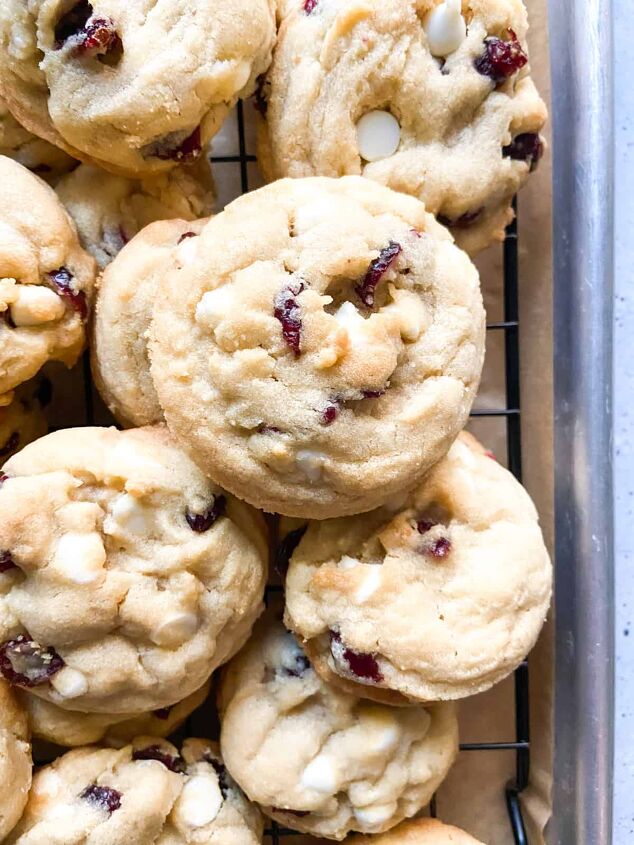 white chocolate cranberry cookies, An array of cookies on a wire cooling rack