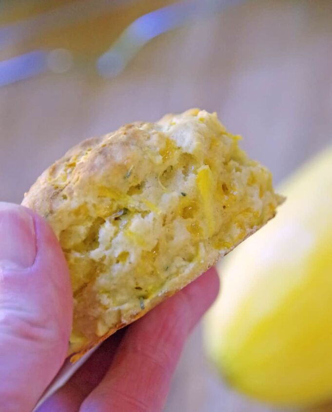 yellow squash cheddar cheese biscuit recipe, Person holding homemade yellow squash biscuit