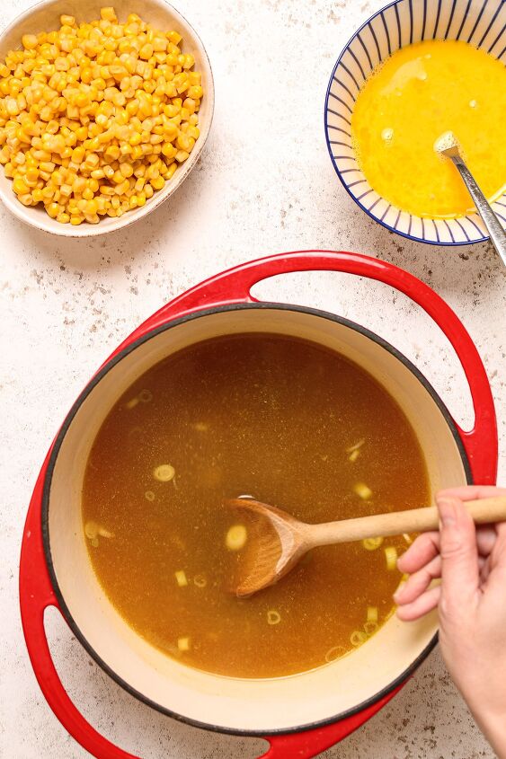 chinese chicken and sweetcorn soup, Boiled stock with onions pepper sesame oil and garlic