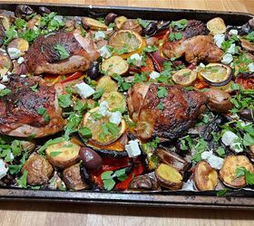 mediterranean chicken sheet pan dinner, mediterranean chicken and vegetables on a sheet pan
