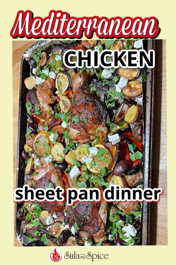 mediterranean chicken sheet pan dinner, pin for mediterranean chicken sheet pan dinner