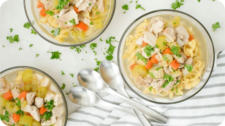 classic chicken noodle soup with a twist, three bowls of classic chicken noodle soup