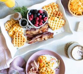 savory buttermilk cheddar belgian waffles, Cheddar and buttermilk waffles on a platter with fruit bacon and tomatoes