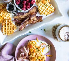 savory buttermilk cheddar belgian waffles, heart shaped savory waffle recipe toppings and ingredients