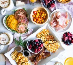 savory buttermilk cheddar belgian waffles, savory waffles breakfast spread with fruit herbs tomatoes bacon and orange juice