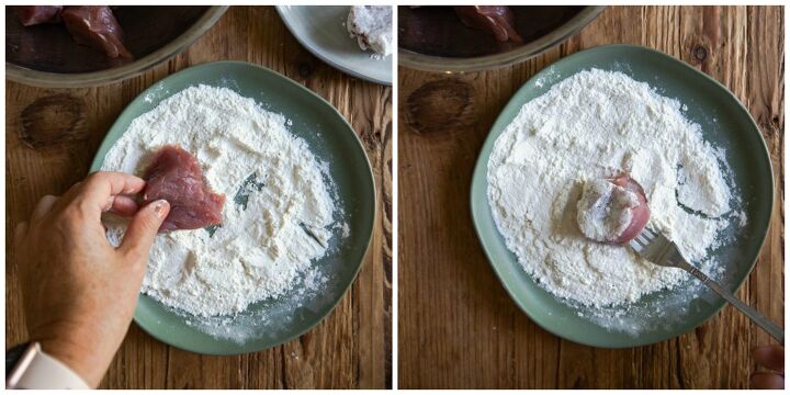 healthy pork tenderloin recipe, pork medallions being dipped in flour