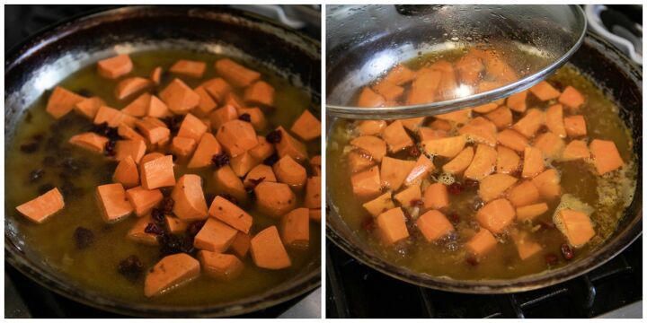 healthy pork tenderloin recipe, sweet potatoes and dried cranberries being cooked in chicken broth