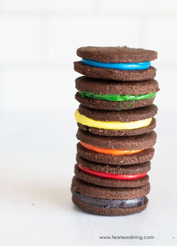 gluten free oreos cookies dairy free version too, a tall stack of gluten free rainbow oreo cookies