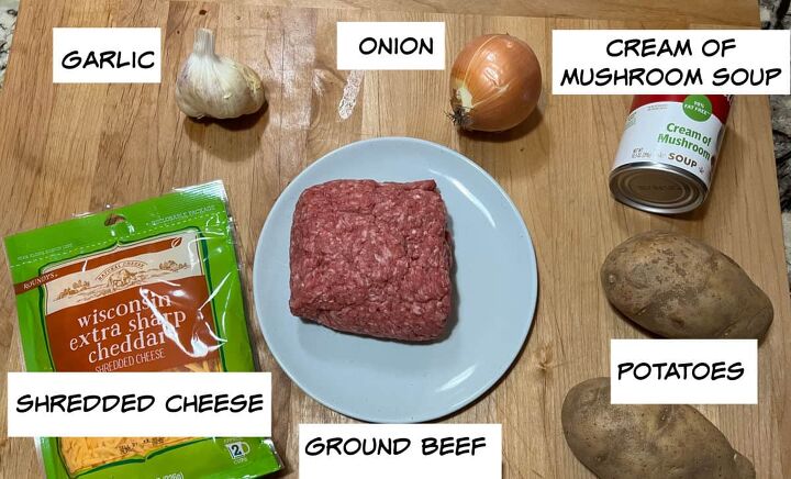 hamburger and potato casserole, ingredients ground beef potatoes cream of mushroom soup onion garlic and cheese