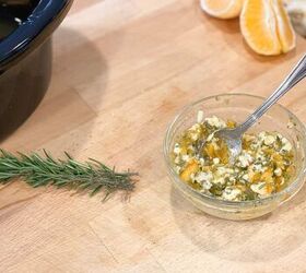 slow cooker orange chicken, chopped rosemary butter and orange marmalade for rub
